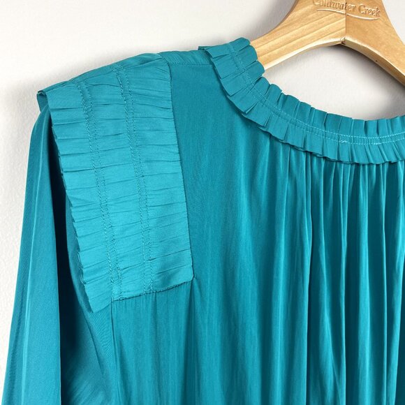 Chicos 2 Midi Dress 12 Teal Green Crinkle Pleated 3/4 Sleeve Button Up Tie Waist - Picture 10 of 16